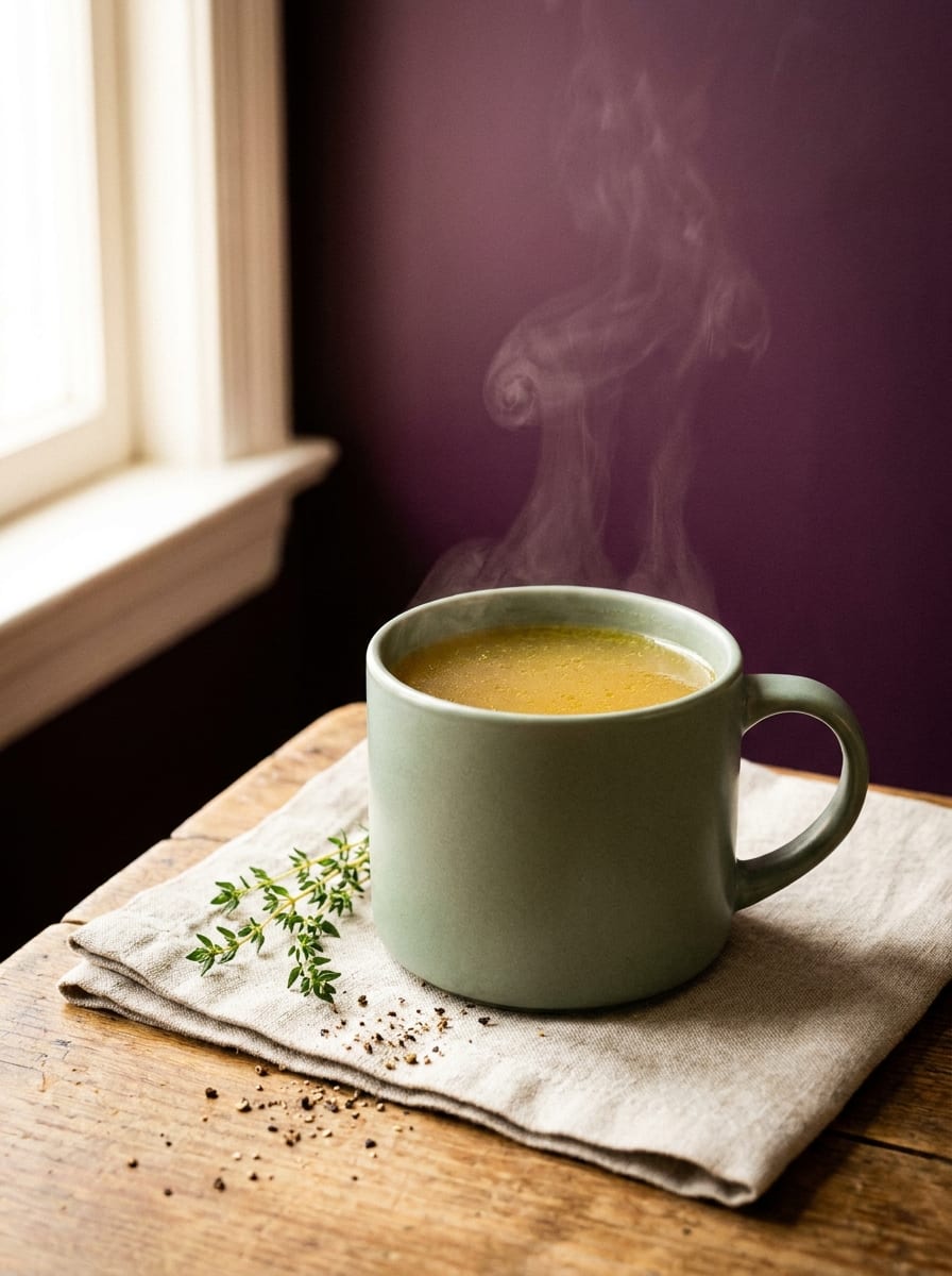 A warm cup of NutriSpoon broth, ready to drink